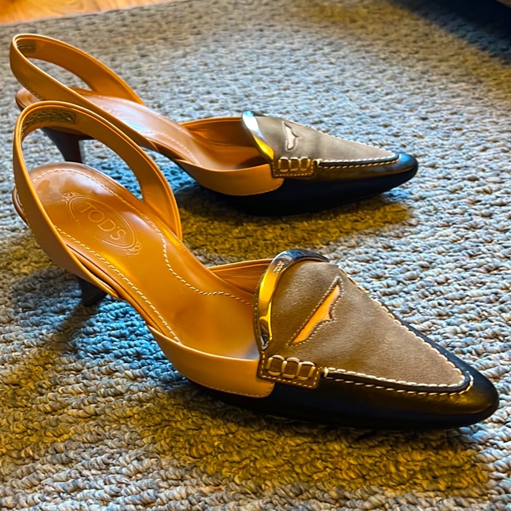 Tods Mary Jane Slingback - Black / Brown with Metal Accents, 2” Heel, Size 5.5